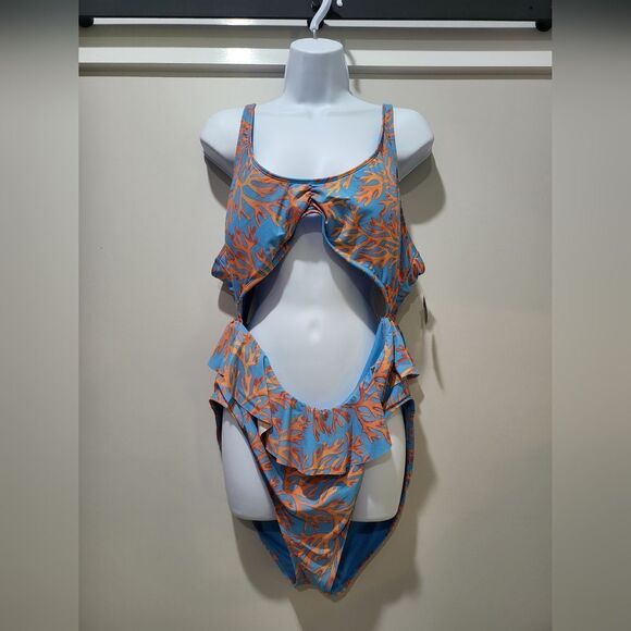 DECREE Swim Coral print monokini NWT size XXL blue and orange - Picture 1 of 3